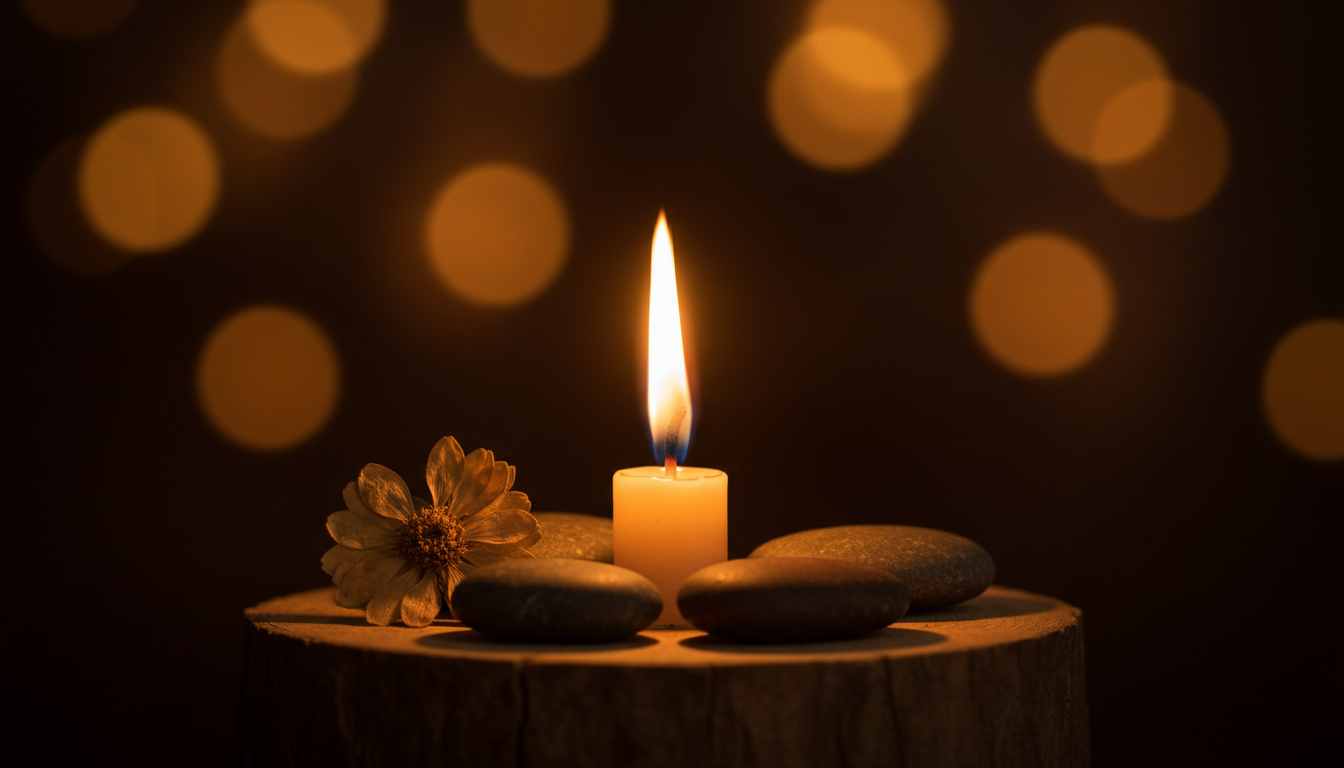 Sanar tu linaje implica iluminar las sombras de tus ancestras para liberarte en el presente. Llama de una vela en un altar de madera con piedras suaves y flores secas en un ambiente cálido