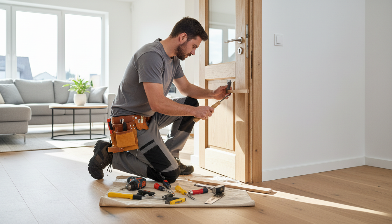 We handle more than just lawns: your total property maintenance experts in Porter. Handyman repairing a door frame, representing general property maintenance services.