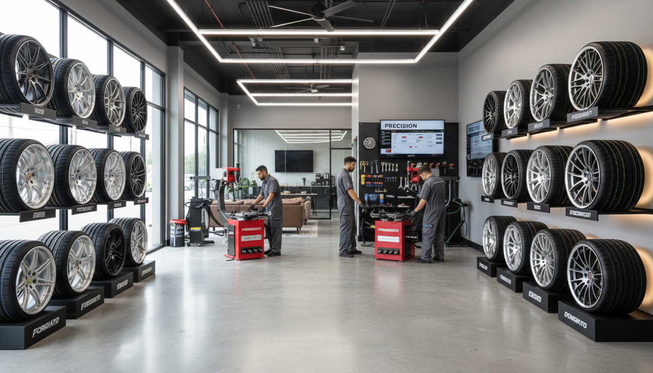 Visit Limitless Tires in New Castle for an expert evaluation of your tire health. Modern tire shop interior in New Castle Delaware featuring premium wheels and professional equipment.