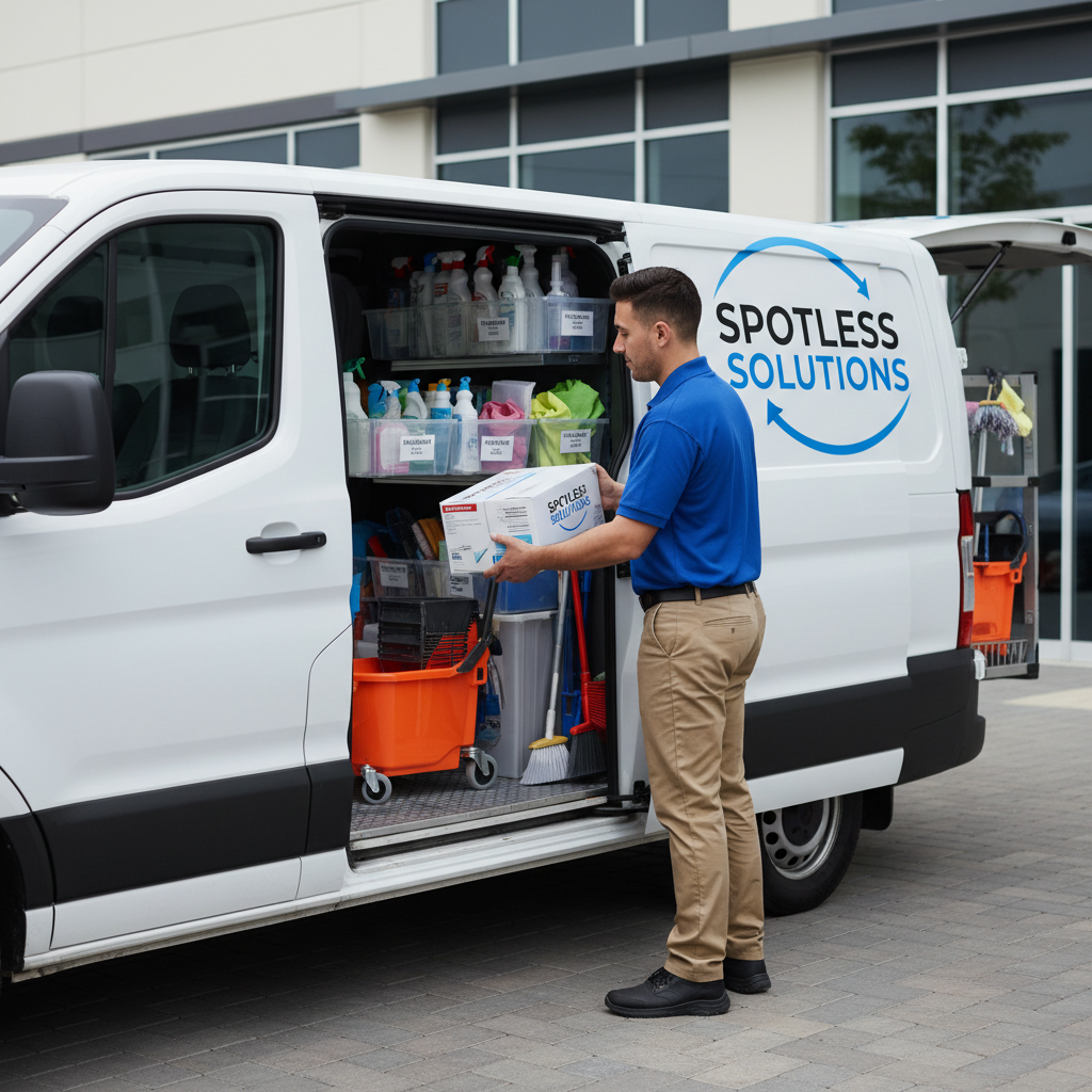 Cleaning supplies being loaded into a service van