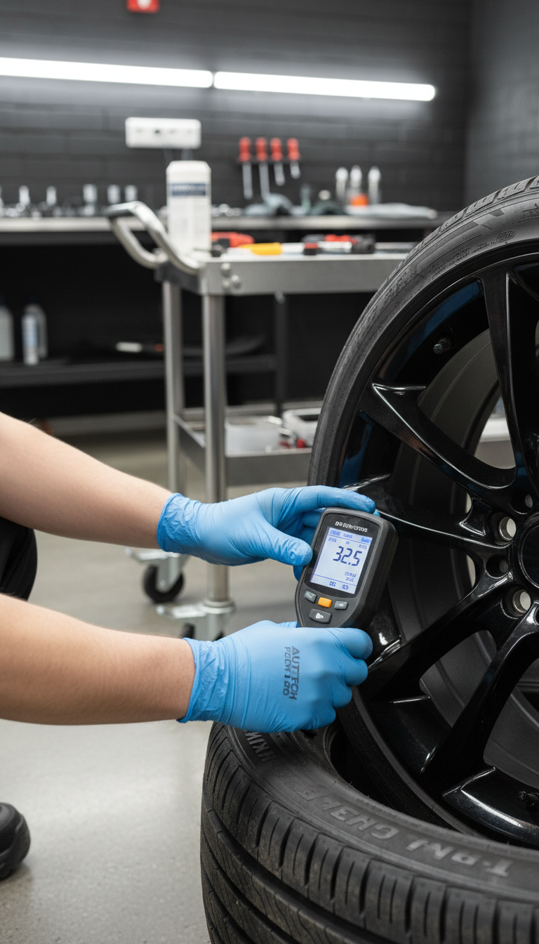 Resetting the TPMS ensures your vehicle correctly monitors tire pressure for safety. Close up of a technician using a TPMS scan tool on a tire valve stem in a modern Delaware auto shop.