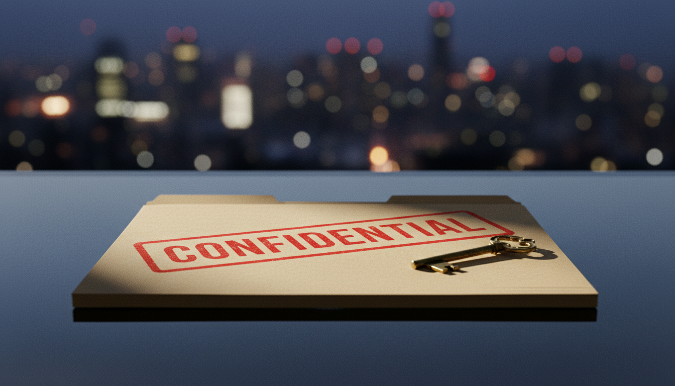 True off-market brokers prioritize confidentiality above all else during the transaction process. A manila folder stamped CONFIDENTIAL on a glass desk with a city skyline background.
