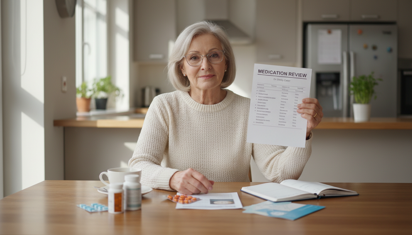 We look at your medications holistically to find every possible savings program in Pennsylvania. A senior woman at her kitchen table in Erie reviews a list of prescription medications in the sunlight.