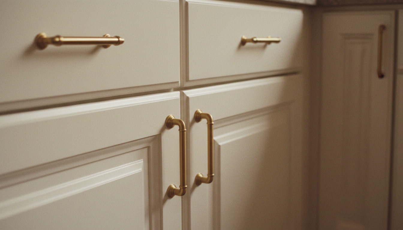 Semi-custom cabinetry like this is the hallmark of a mid-range to high-end Fort Worth kitchen remodel. Custom white shaker kitchen cabinetry with brushed gold hardware showing craftsmanship and finish detail
