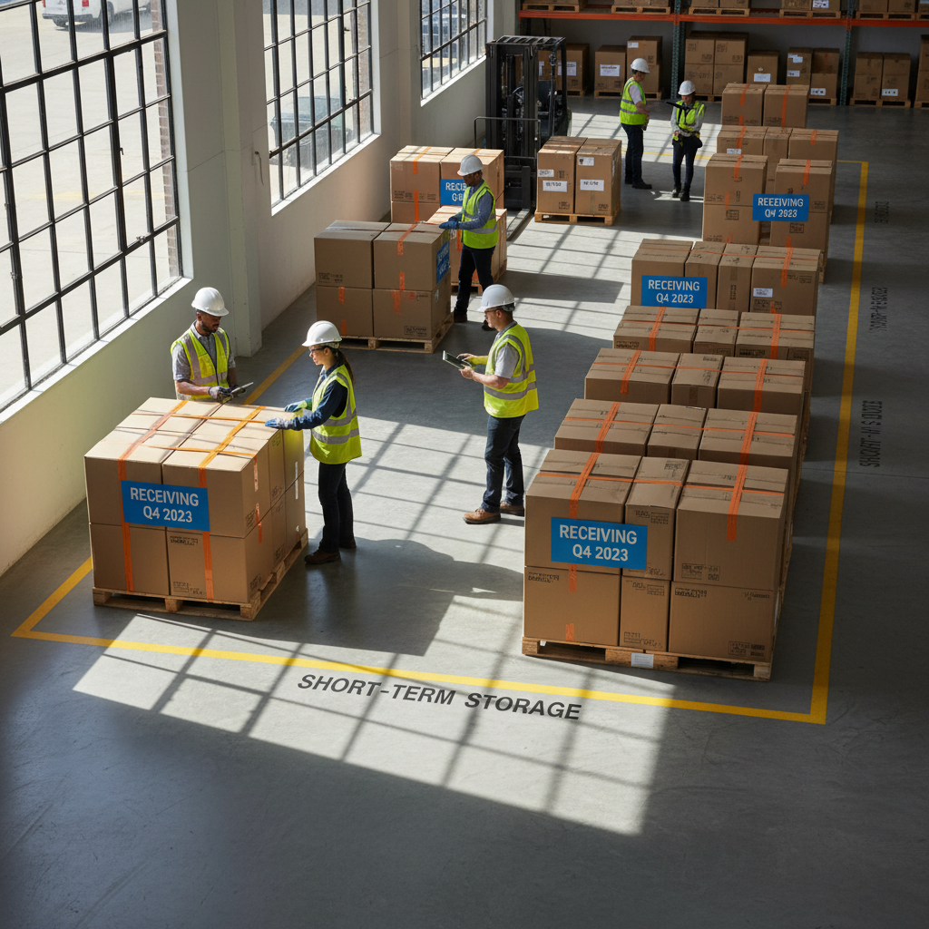 Proper receiving areas are essential when your business begins handling larger inventory volumes. A new shipment of boxes and pallets in a designated receiving area, being inspected by a worker.