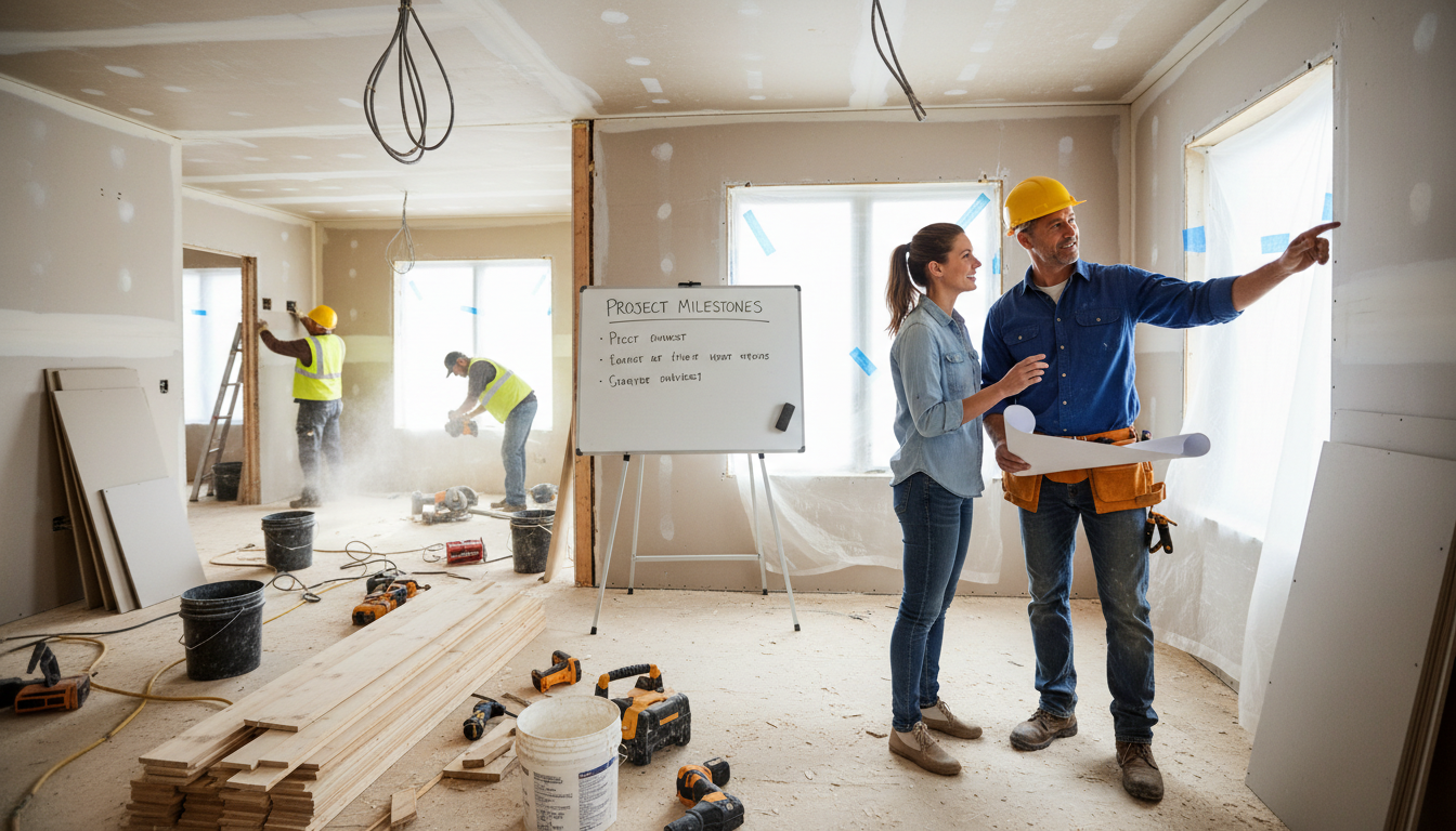 Renovating for retail sale requires careful management of contractors and renovation timelines. A professional contractor and a South Jersey homeowner reviewing a checklist during a home renovation project.