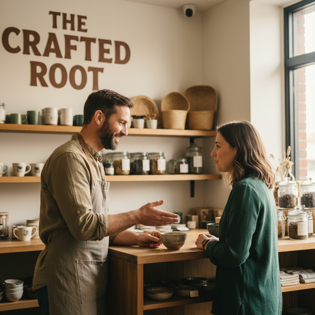 At Thelmas Shops, we focus on reliable service and community-focused shopping. A friendly shop staff member assisting a customer at a retail counter in a local store.