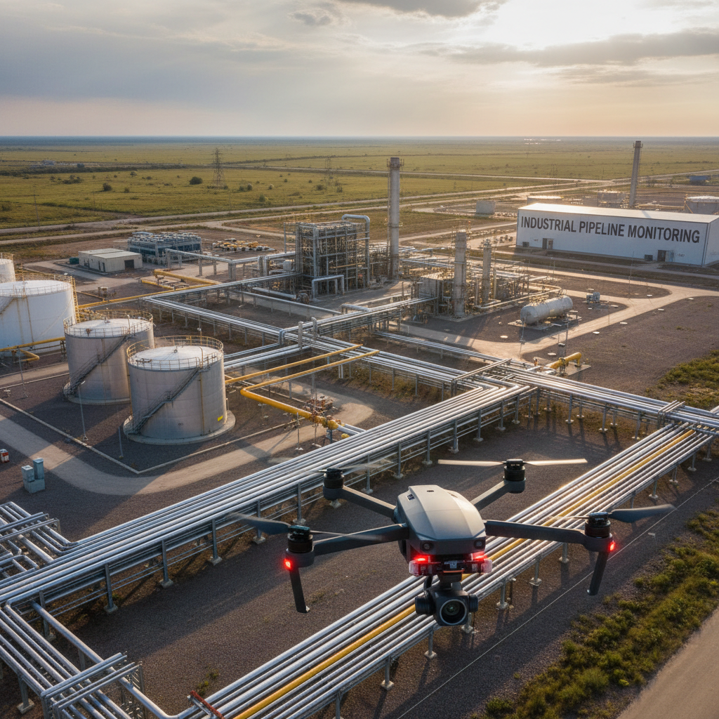 Active pipeline inspections conducted without operational shutdown, reducing risk and downtime for operators. Drone with thermal imaging camera flying over oil and gas pipeline infrastructure at an industrial facility