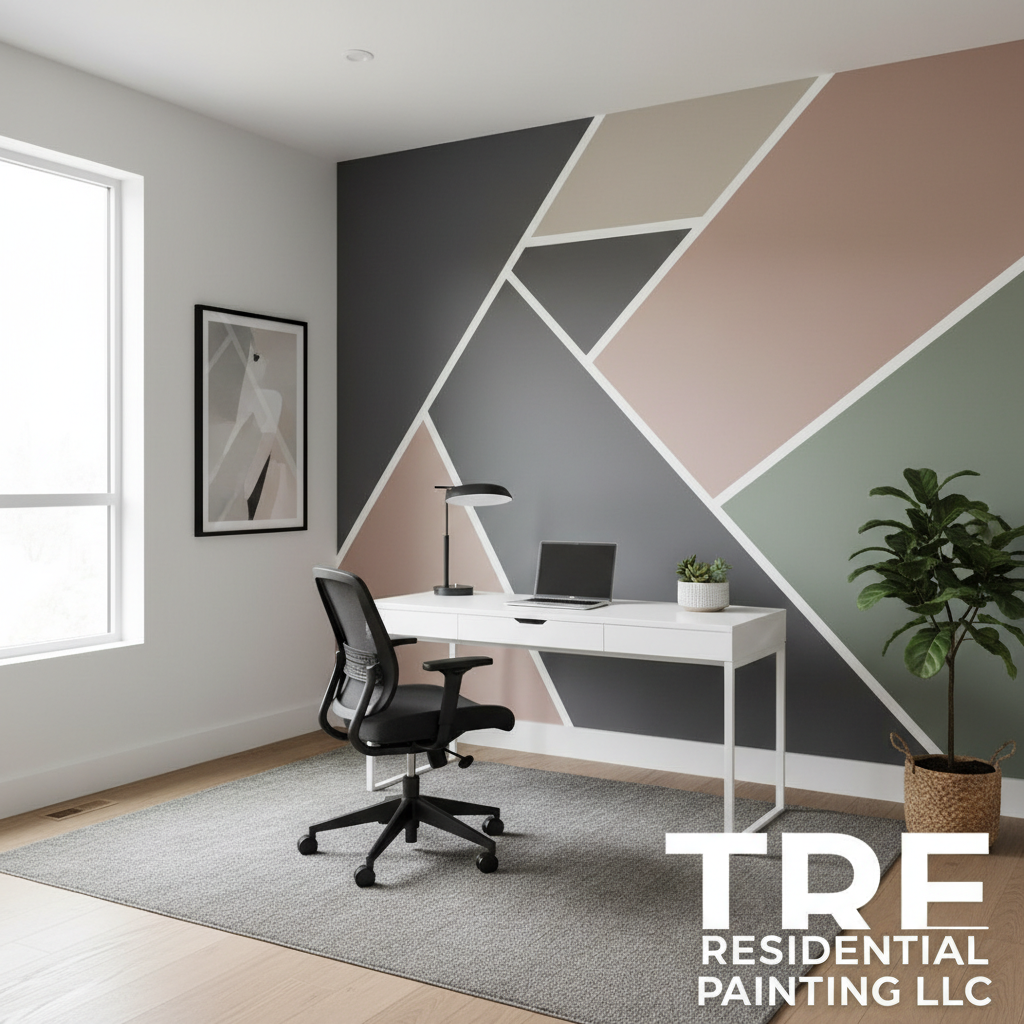 Accent walls are an affordable way to add architectural interest to living spaces. A custom geometric accent wall in a modern home office with dark blue and gold tones.