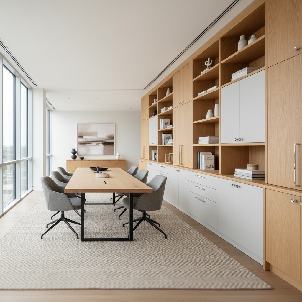 Utilizing vertical wall space allows for ample storage without crowding a small bathroom floor. A modern wall with custom built-in cabinetry and shelving showing both open and closed storage solutions.