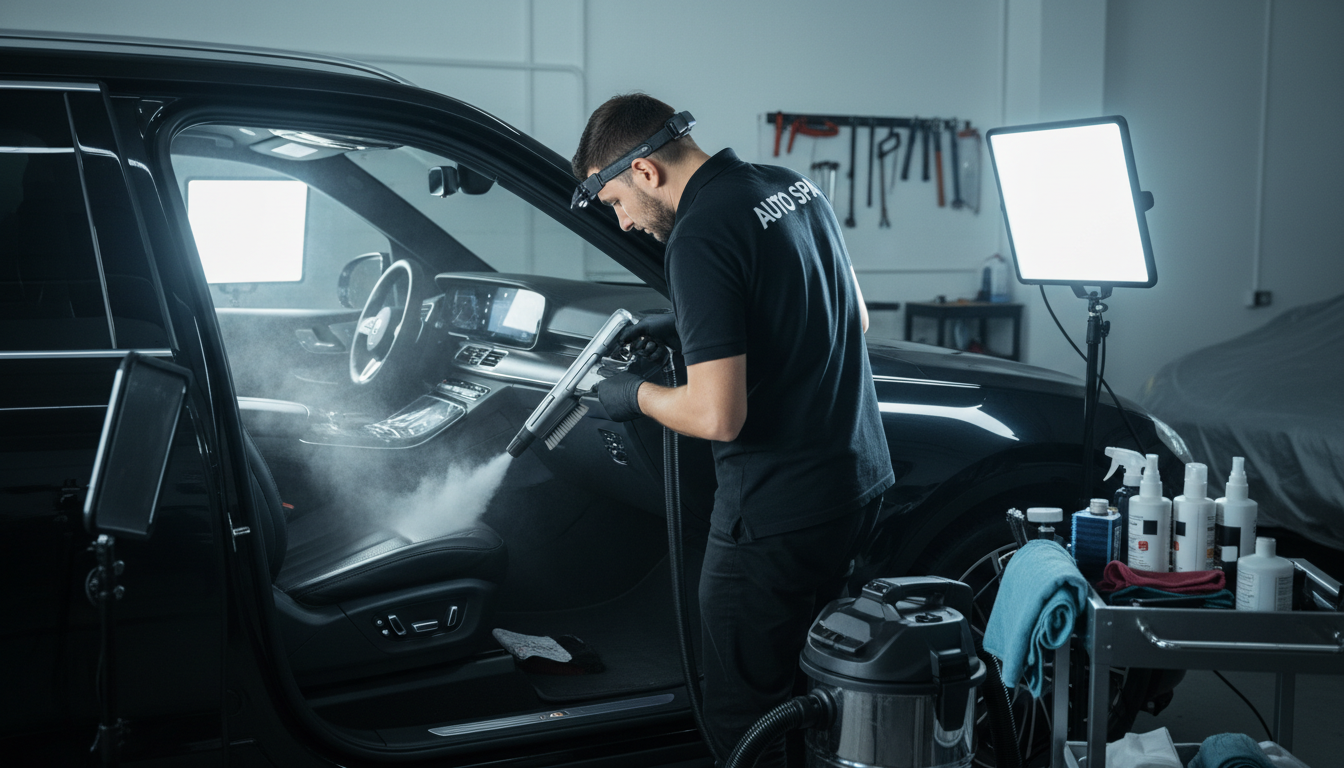 Professional lighting reveals the true condition of your interior surfaces before protection is applied. A car interior being cleaned under bright professional lighting to reveal surfaces needing protection.