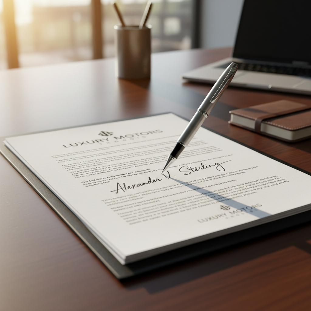 Local financing often means simpler paperwork and a more personal touch. A close up shot of a pen being used to sign vehicle purchase paperwork on a clean, professional wooden desk.