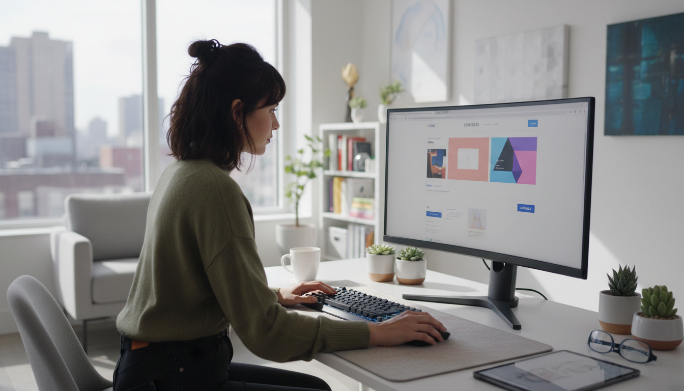 Professional design involves strategic planning that goes far beyond just choosing colors and fonts. Professional web designer working on a modern website layout in a bright San Diego studio