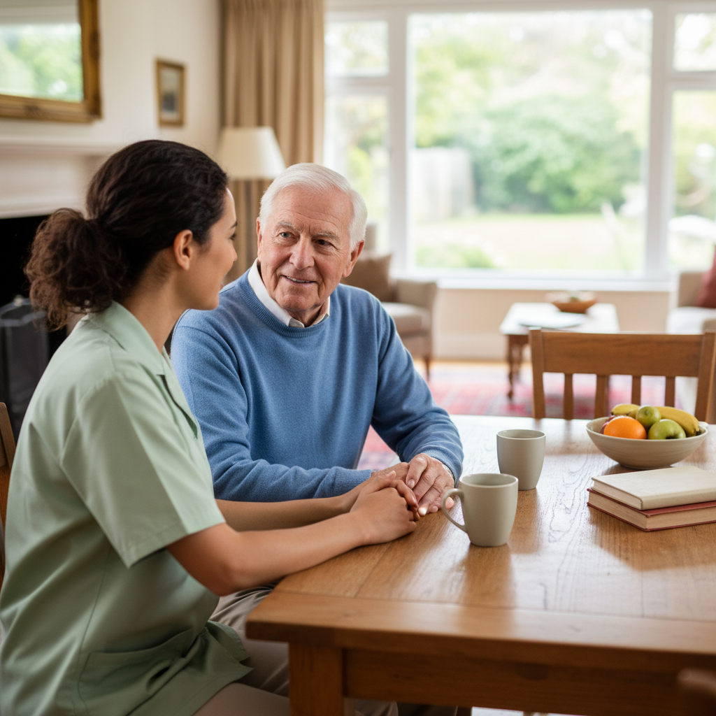 Companion visits provide vital social interaction and emotional support for seniors living alone. A senior man and a female caregiver having a comfortable conversation at a dining room table.