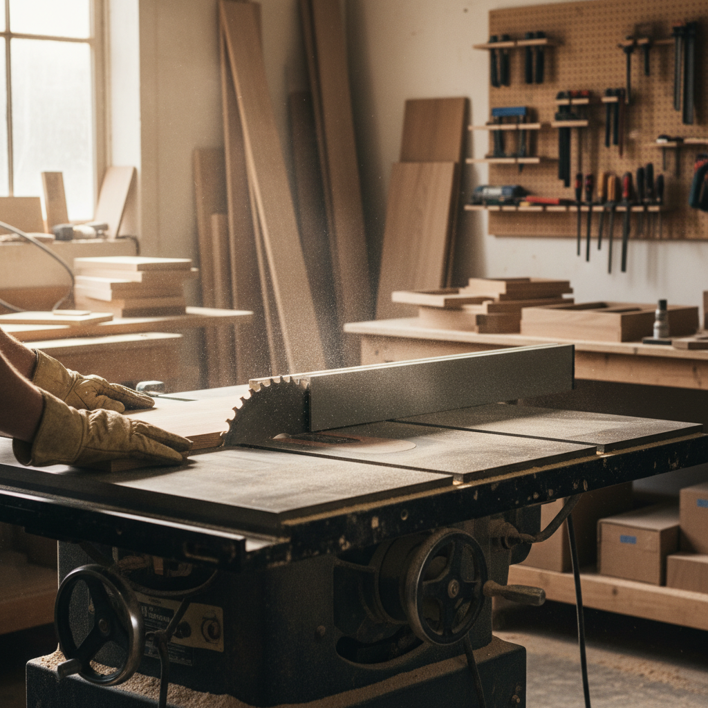 Quality starts with precision cuts and premium raw materials. A woodworker using a precision table saw to cut cabinet stock wood in a professional workshop setting.