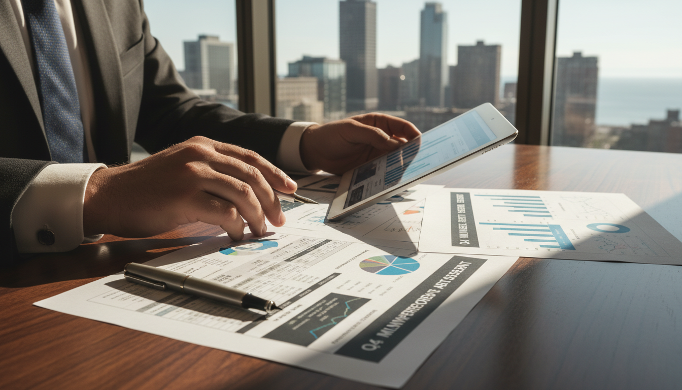 DSCR loans prioritize the property's income potential over the borrower's personal credit history. Close-up of a consultant's hands reviewing spreadsheets and property data visualizations for a rental investment.
