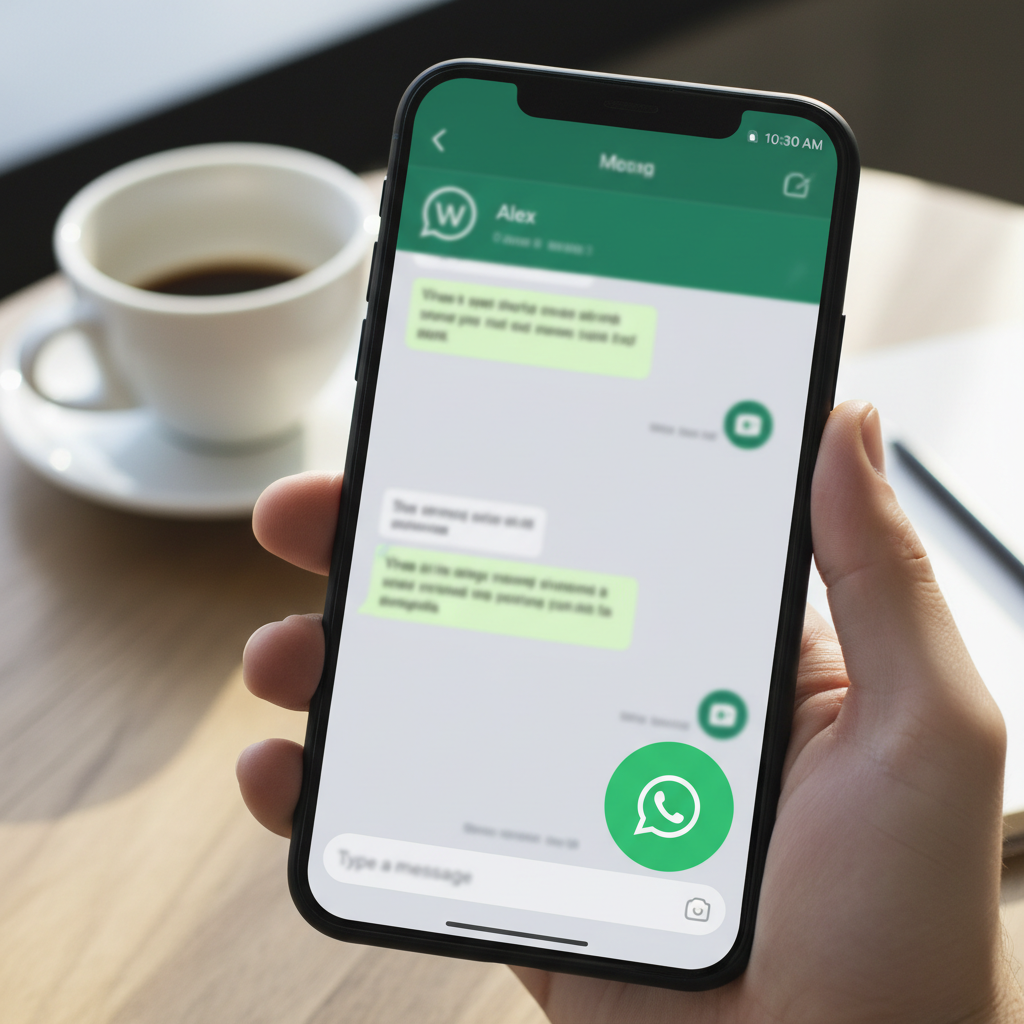 En México, vincular tu perfil de Google con WhatsApp es clave para cerrar ventas rápidamente. Smartphone screen showing a WhatsApp chat interface with a business message icon
