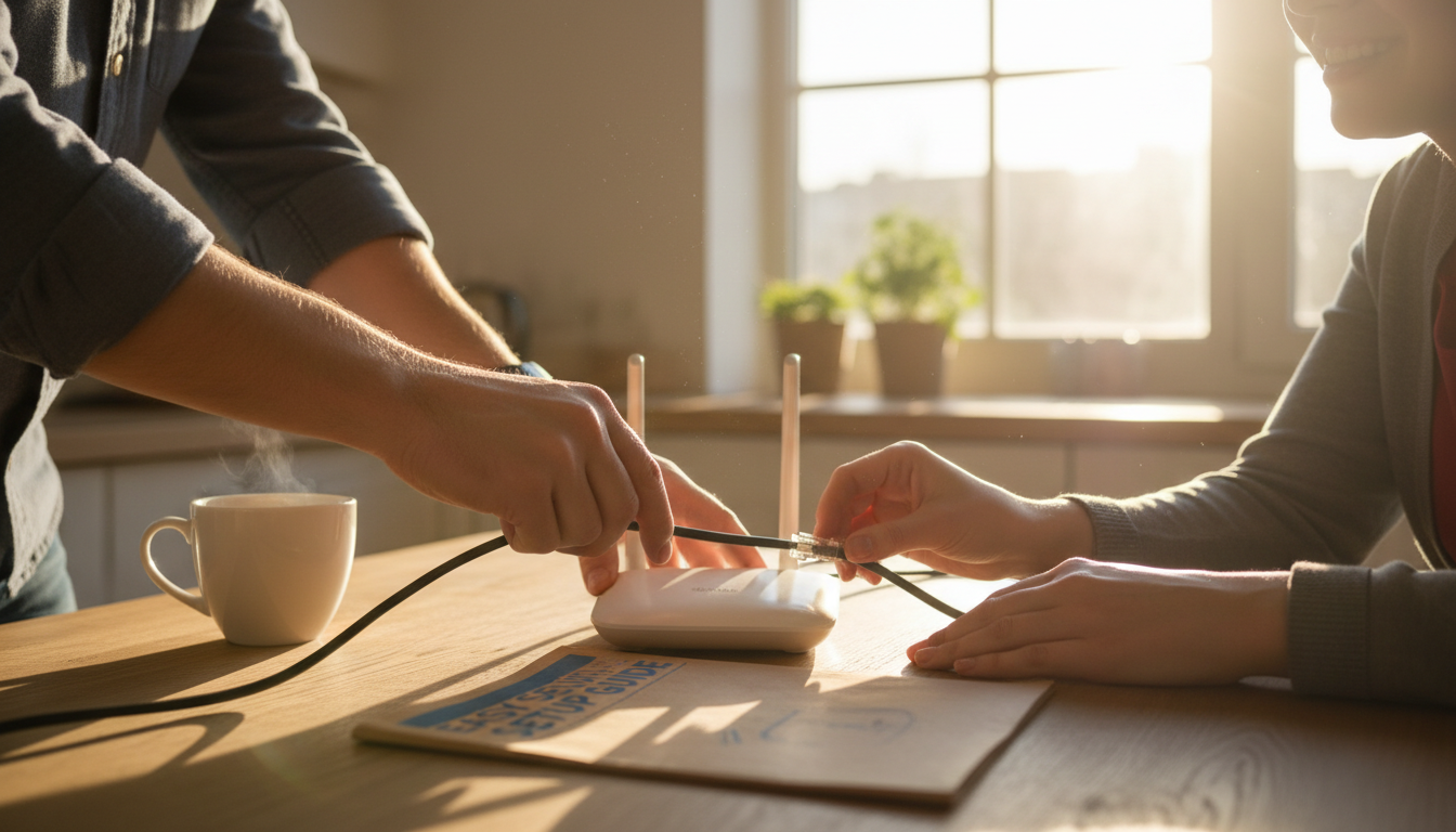 Local expertise means having a team that helps you set up and manage your network properly. A technician hands-on with a customer setting up a new wireless router for their business.