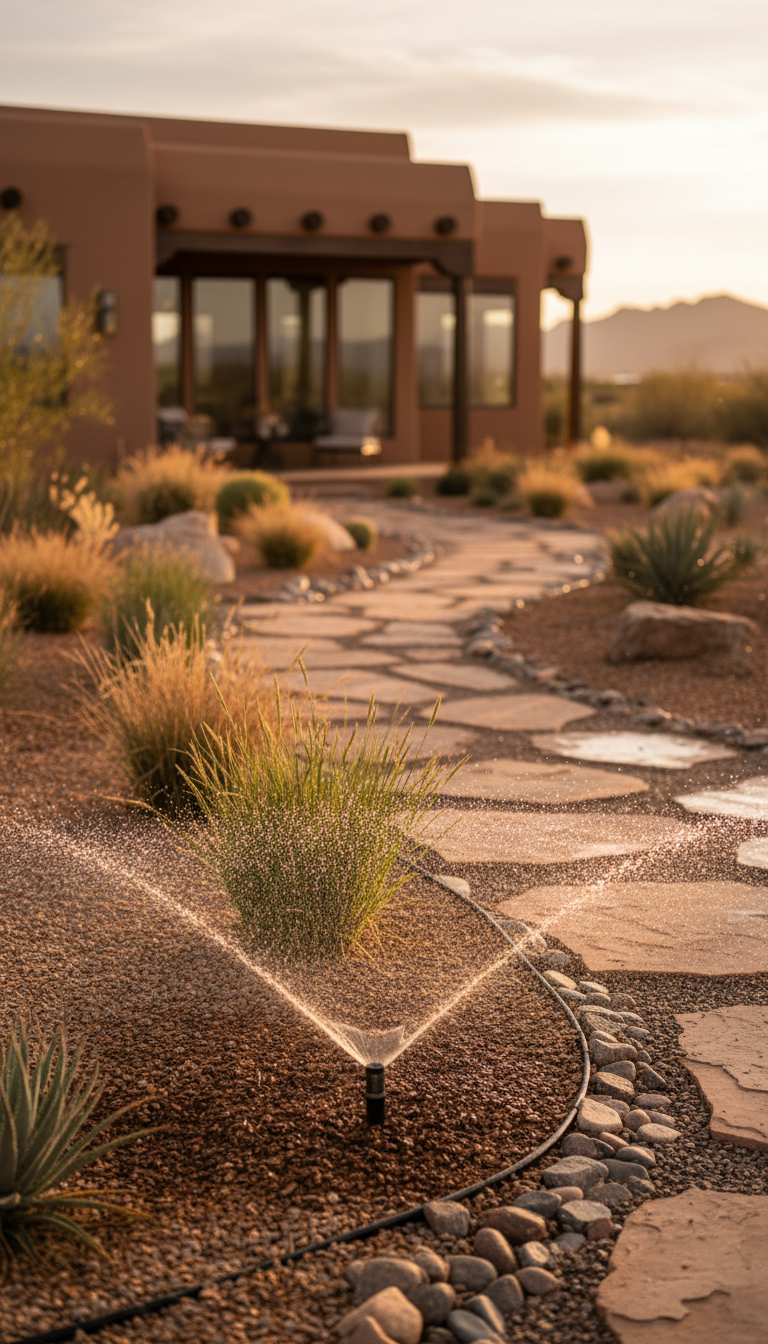 Proper drainage and irrigation planning are vital to protecting your retaining wall from soil shift. Modern irrigation and drainage system integrated into a desert landscape with stone pavers.