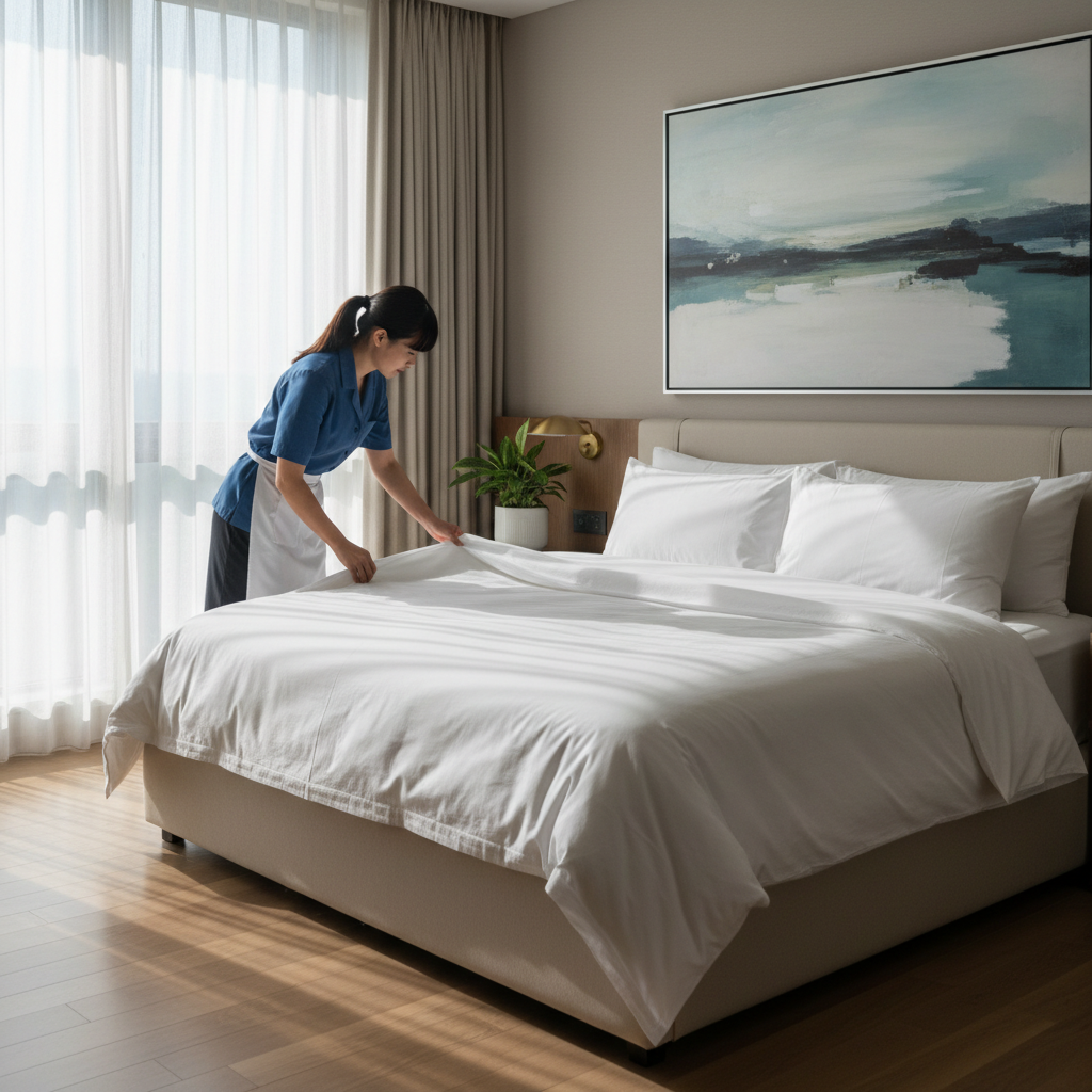 Pristine bedding is the hallmark of a high quality vacation rental deep clean. A professional cleaner making a bed with fresh white linens in a bright guest bedroom.
