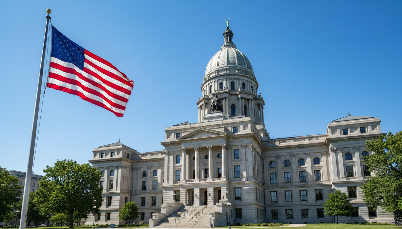 The signing of HB4540 marks a historic turning point for Illinois pet owners. Exterior of the Illinois state capitol building with the American flag, symbolizing the legislative success of HB4540.