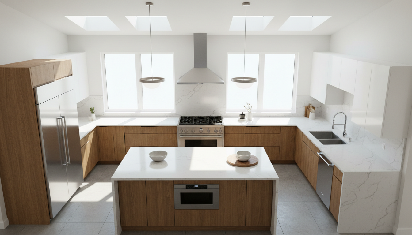 Understanding what you get at each price point starts with a clear layout. Overhead view of a completed kitchen renovation showing countertop layout, cabinetry, and appliances