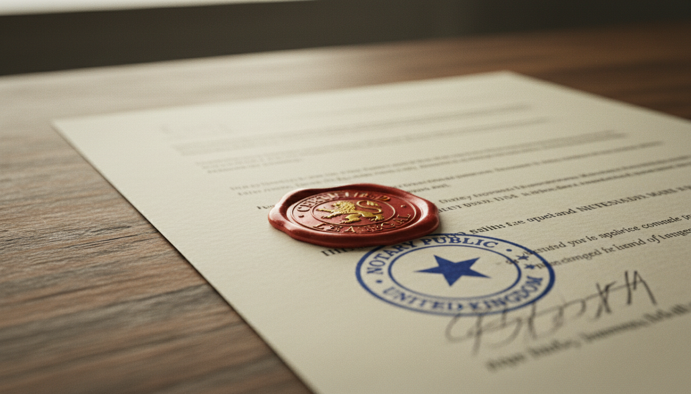 La apostilla certifica la autoría institucional del documento, no su contenido. Documento oficial con sello notarial y lacre dorado que muestra la autenticación de un documento público español