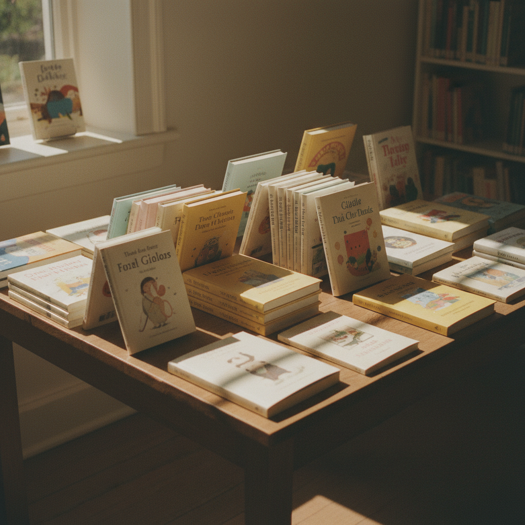 A curated selection of middle grade adventures ready for summer exploration. Neatly stacked children's and young adult books on a warm wooden display table.