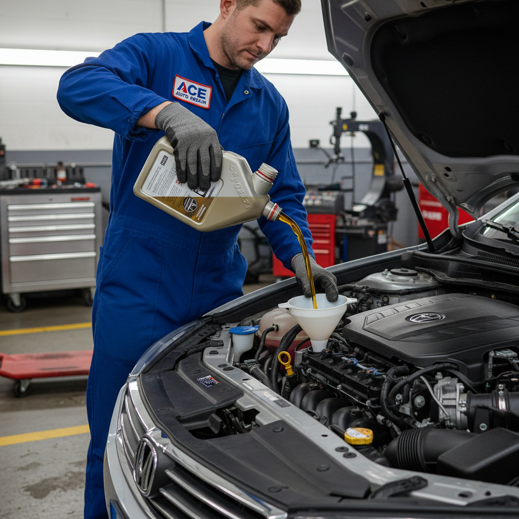 Choosing the right oil grade is essential for protecting your engine against Texas summer heat. Mechanic's hands pouring fresh motor oil into an engine bay inside a professional service bay.