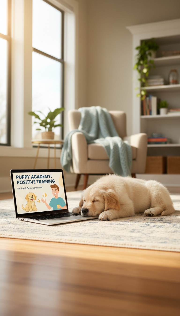 Online puppy school allows you to start training safely from home on day one. A puppy owner using a laptop to follow an online puppy training course in a living room.