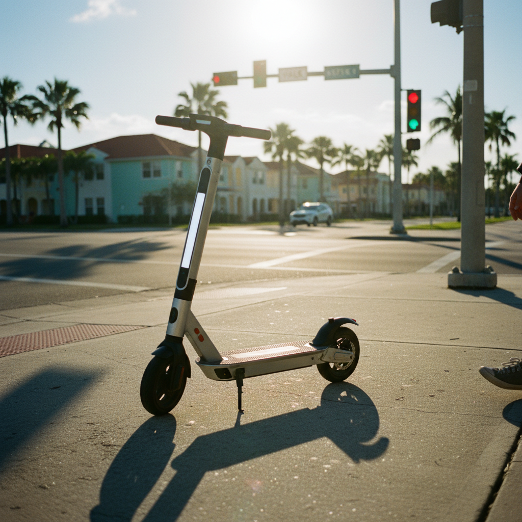 While Florida law considers e-scooters 'motorized devices' rather than motor vehicles, liability remains a major concern for urban riders. A modern standing electric scooter parked on a bright Florida sidewalk with a traffic light in the distance.