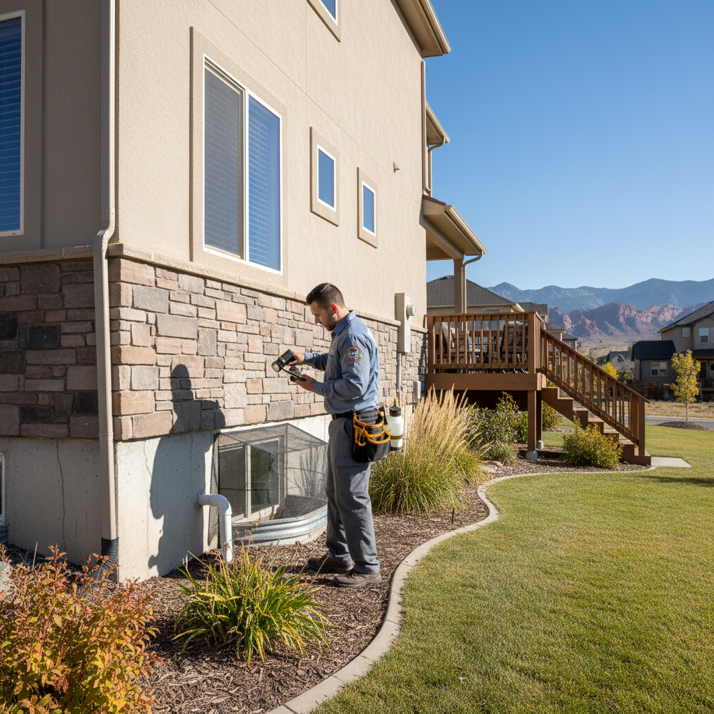 A thorough perimeter check is the first line of defense against summer pests. A technician walking along the exterior wall of a home, examining the foundation and entry points for pests.