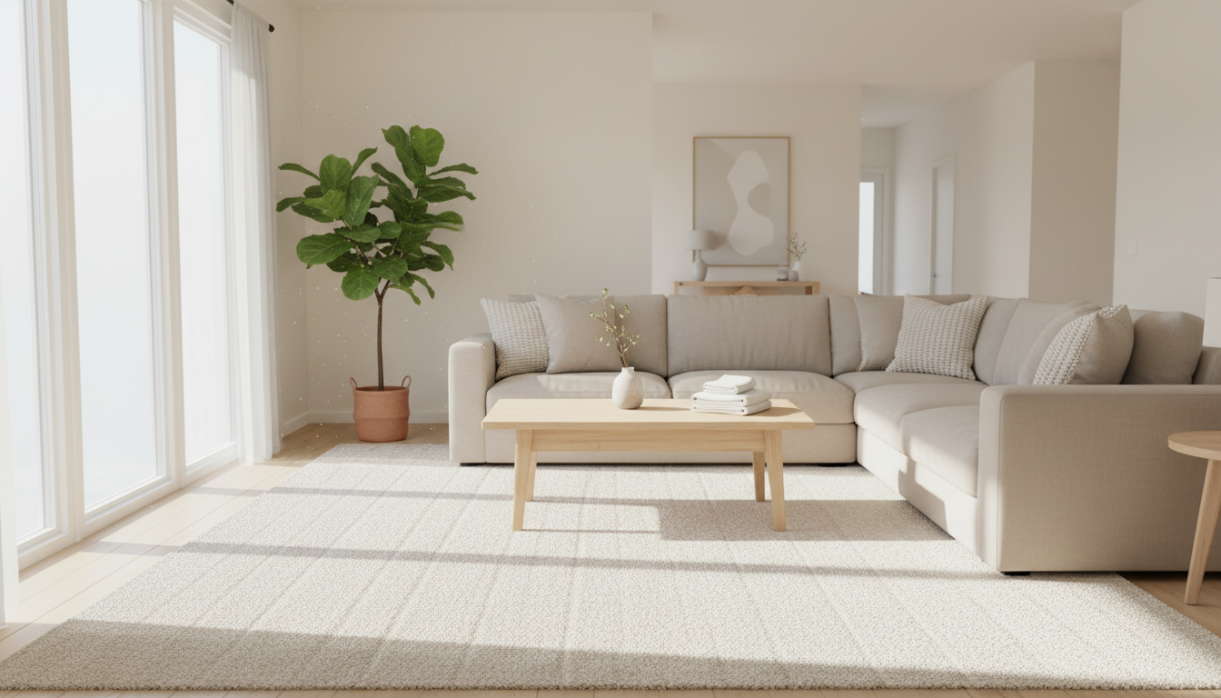 The final result: a property that is truly move-in ready for guests or tenants. A bright and airy living room after a professional cleaning service with clean surfaces and vacuum lines.