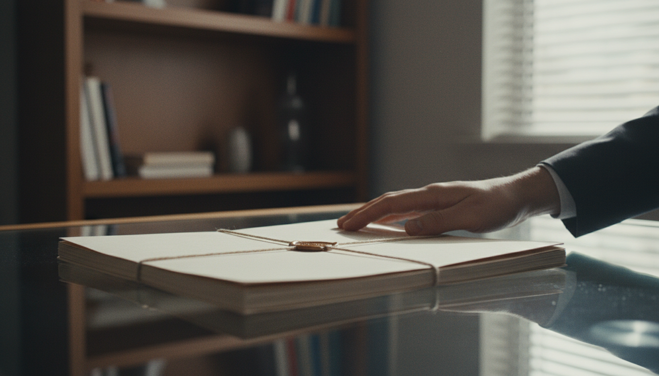 Transitioning roles requires a deliberate departure from old habits and responsibilities. A hand placing a folder on a desk, symbolizing the closure of one role and the start of another.