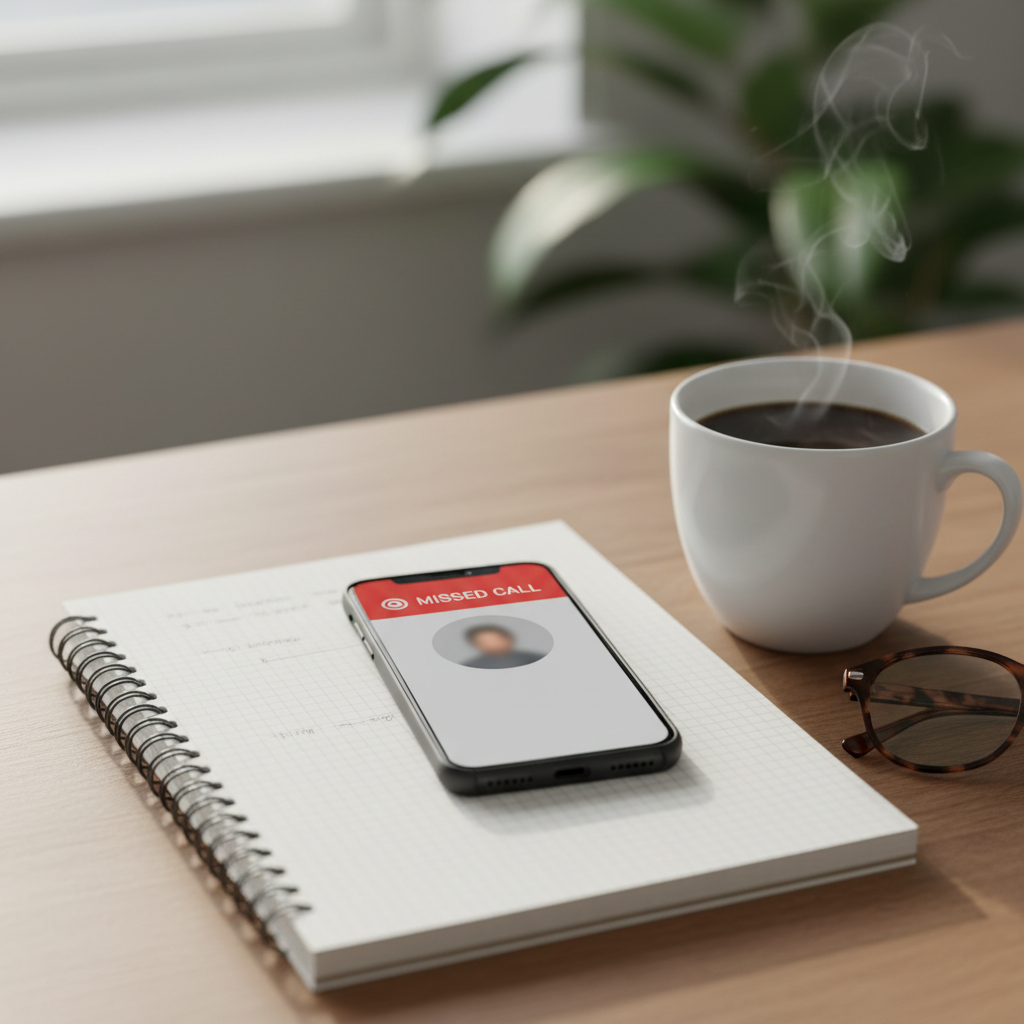 Unreturned calls and missed follow-ups are often the primary source of revenue leakage in service businesses. Close-up of a smartphone on a desk showing a missed call notification next to a notebook and coffee.
