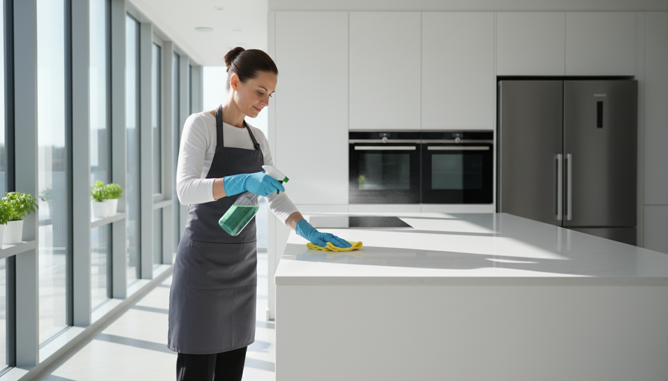 A deep clean ensures your kitchen is ready for holiday cooking and guest arrivals. Professional cleaner in Atlanta wiping down a white kitchen countertop with a spray bottle in a bright kitchen.