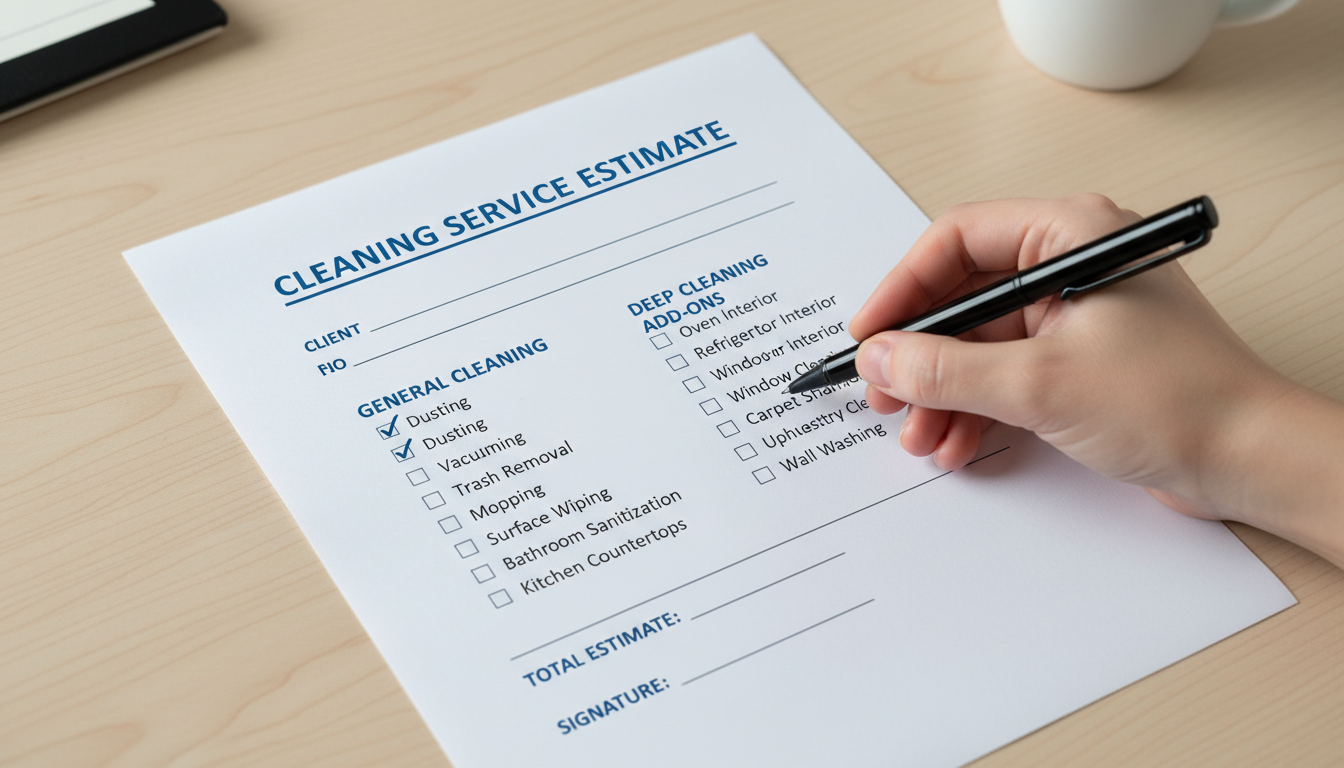 Getting a professional estimate helps Atlanta hosts plan their seasonal cleaning budget. A professional cleaning service estimate document with a detailed checklist and a pen.