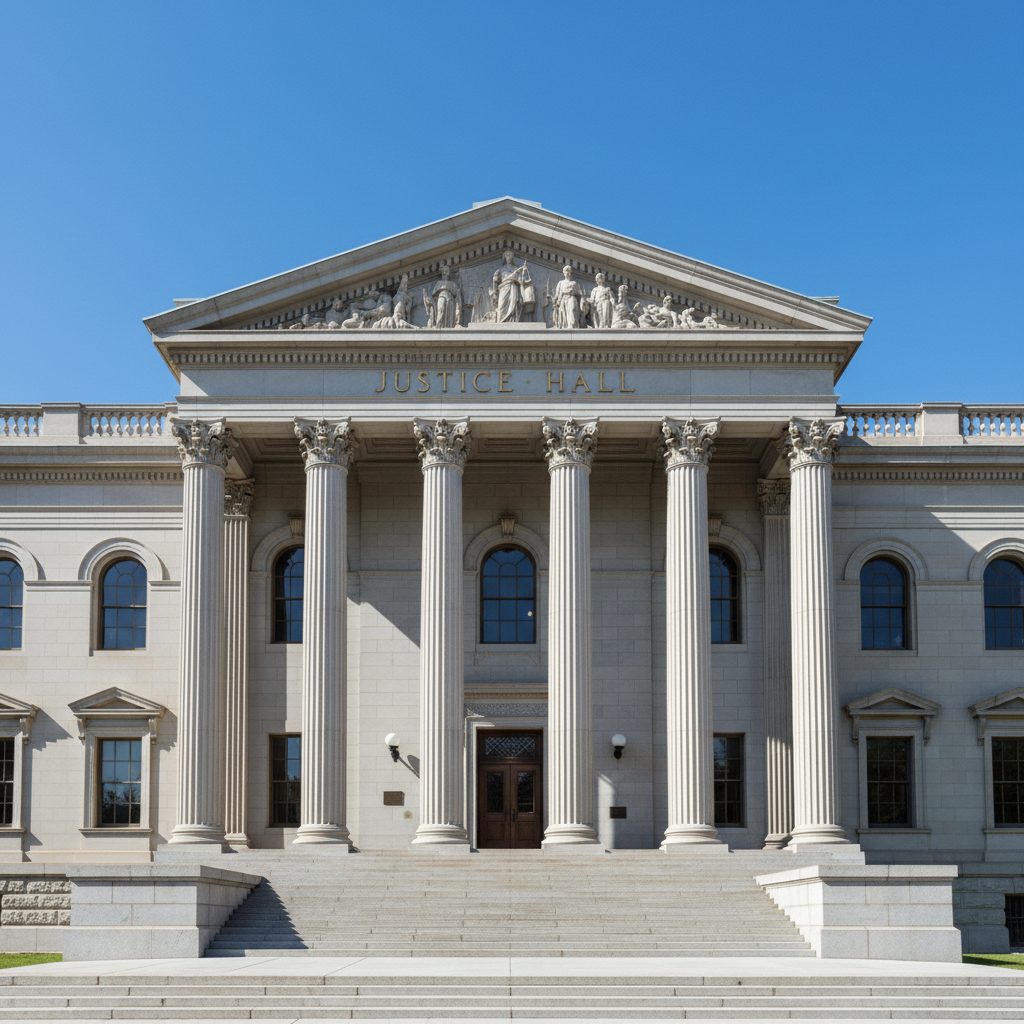 Litigation moves the decision-making process into the California court system. Exterior columns of a California courthouse against a clear blue sky.