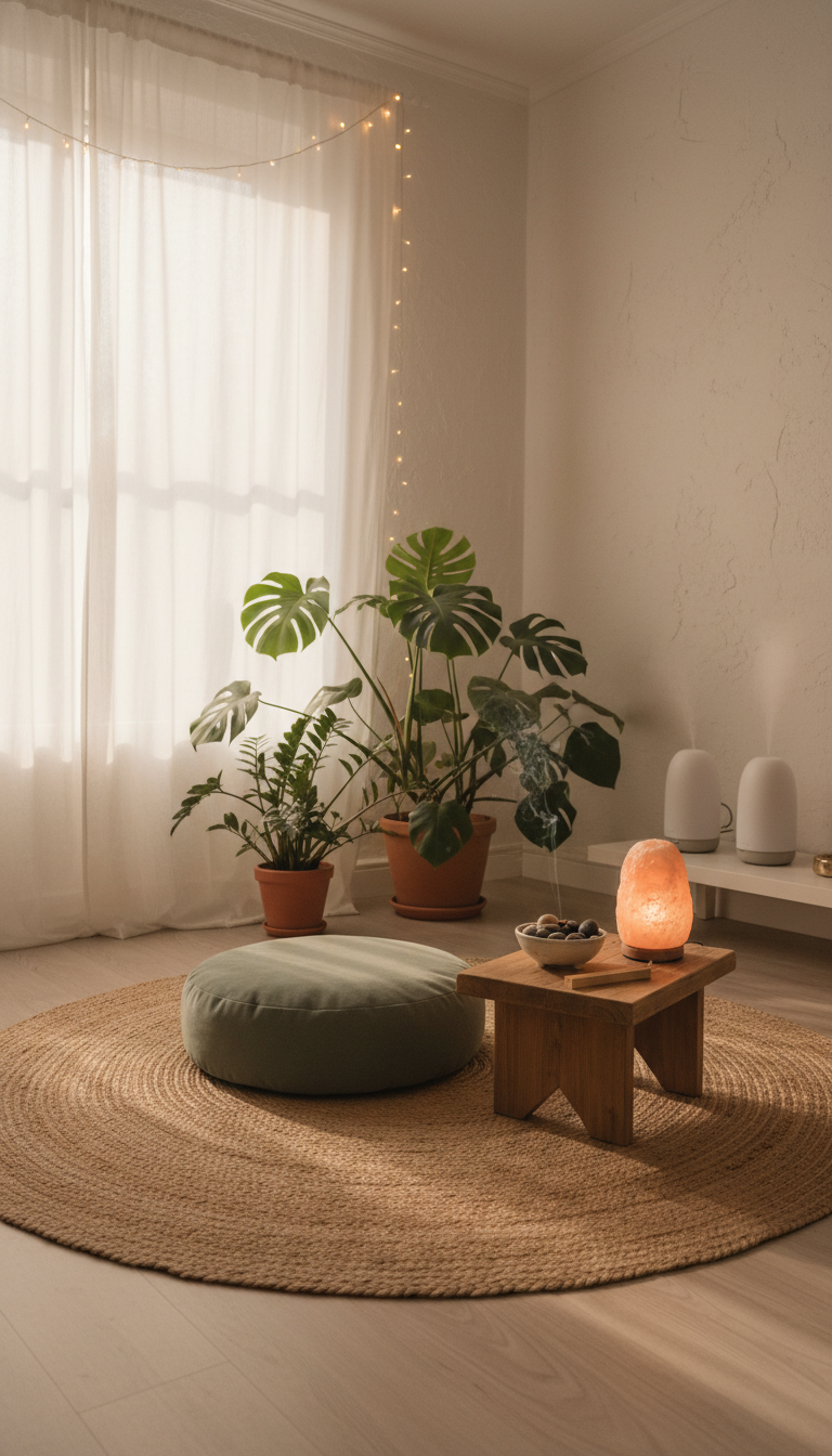Finding stillness is often the first act of reaching out for help. Peaceful softly lit meditation space evoking calm reflection and the courage to seek support