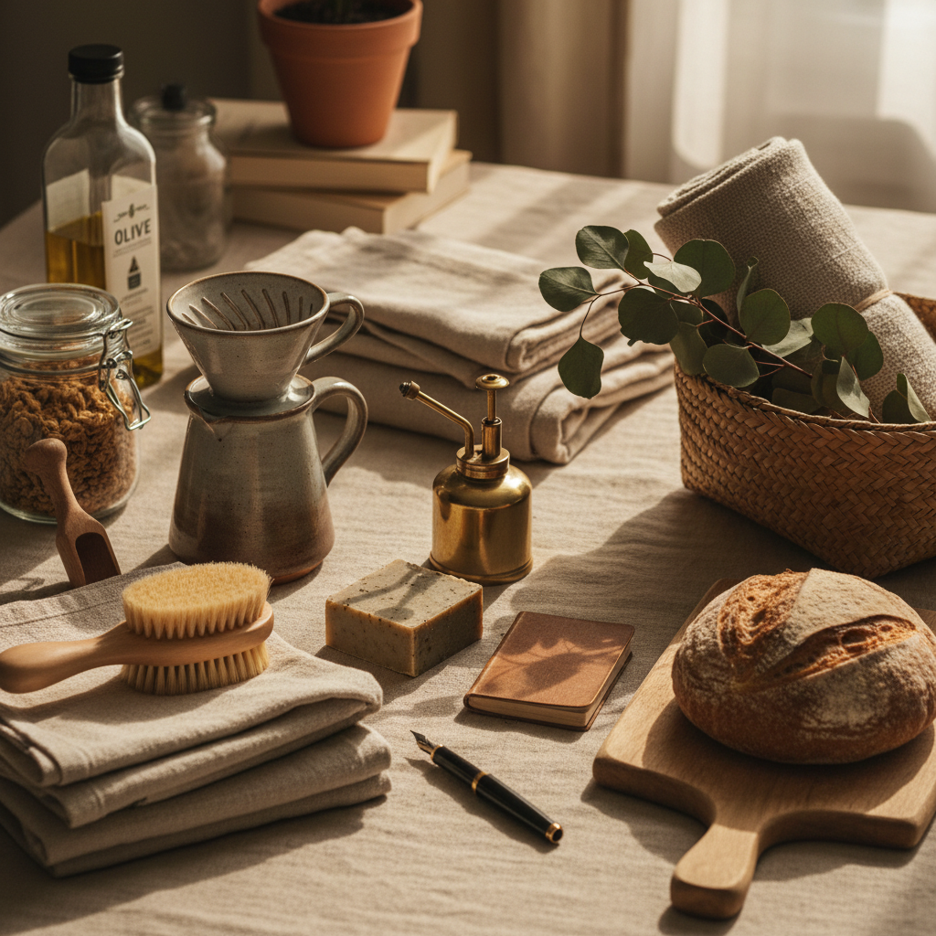 Thoughtful gifting starts with choosing items that serve a real purpose in the home. Flat lay of household essentials including kitchen items and home lifestyle products on a neutral surface.
