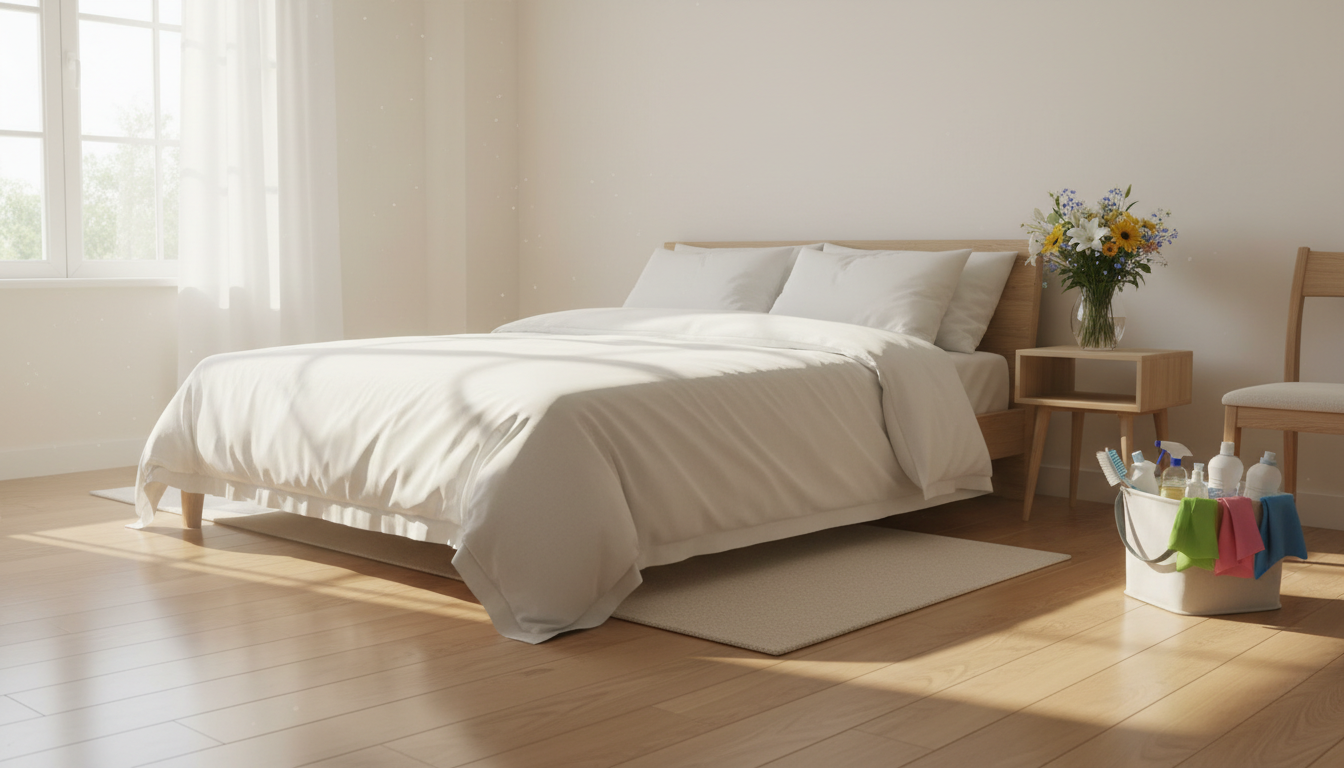 A biweekly schedule maintains a fresh environment without the need for daily chores. Sunlit bedroom with crisp white linens, wooden floors, and a cleaning caddy in the corner.