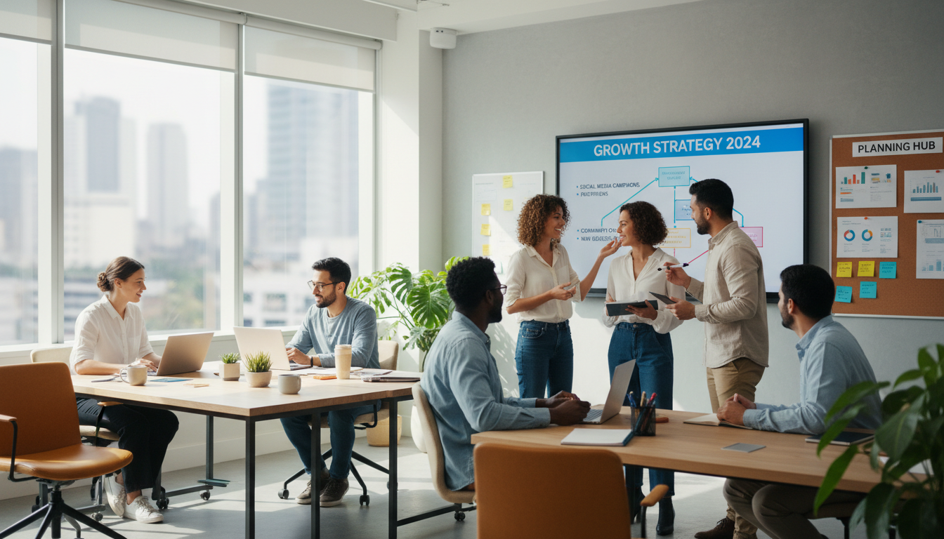 A successful growth blueprint requires total team alignment on the specific procedure goals. A dental practice team collaborating in a modern office space around a marketing strategy board.