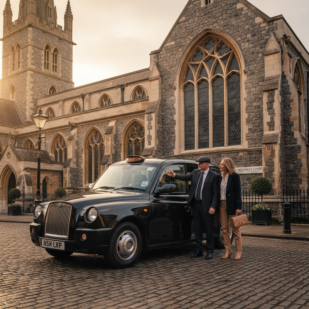 Your driver acts as a storyteller, revealing the hidden history behind every corner. A black cab driver pointing out architectural details of a historic building to passengers.