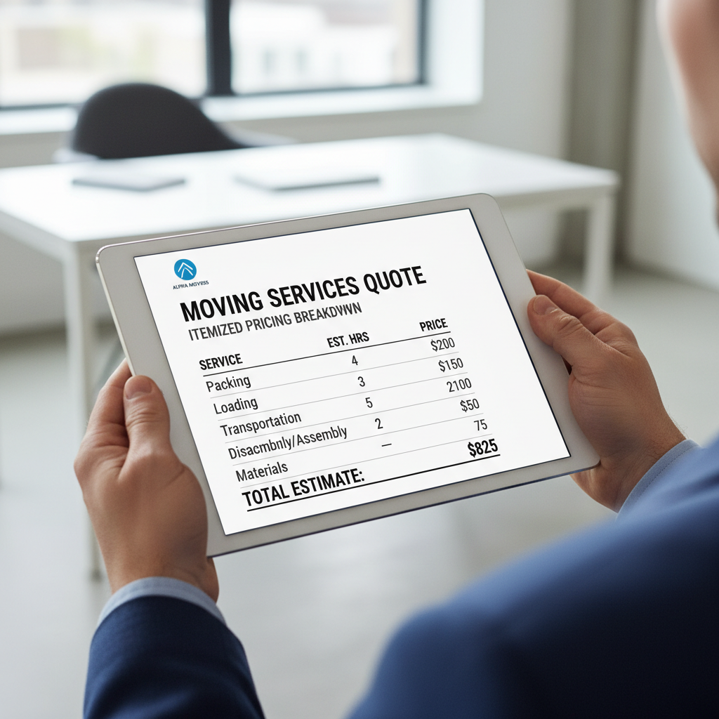 Always demand a transparent, itemized quote before booking your interstate move. An itemized moving quote displayed on a digital tablet showing transparent pricing