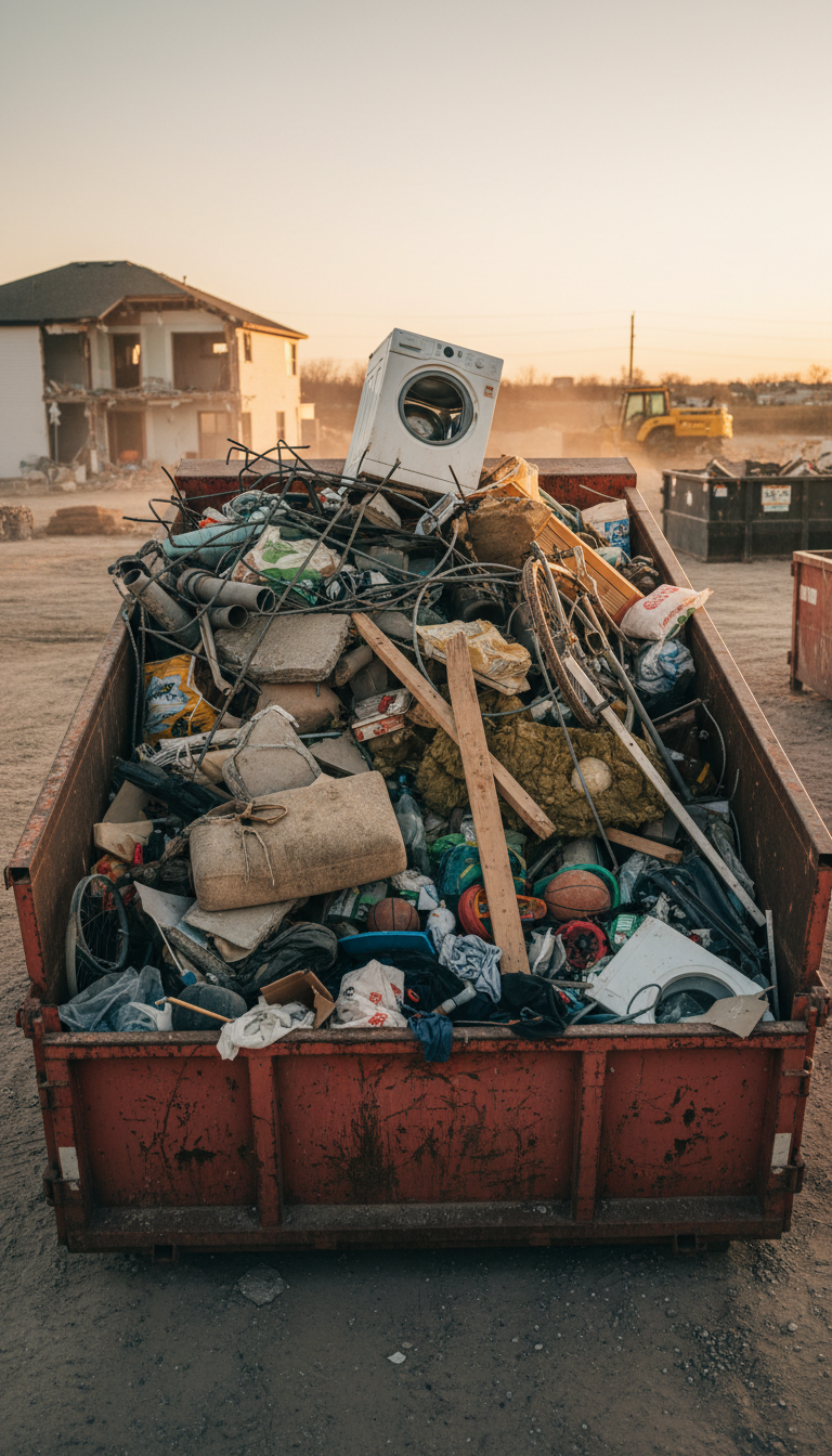Include common items for scale in your photos so we can judge the total volume correctly. A large dump trailer filled with construction debris and household junk items.
