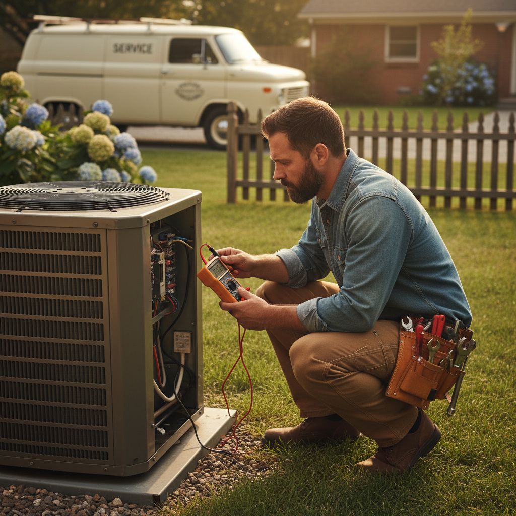Professional diagnostics identify small electrical issues before they turn into expensive emergency repairs. An HVAC technician using a digital multimeter to diagnose an outdoor AC condenser unit during a routine inspection.