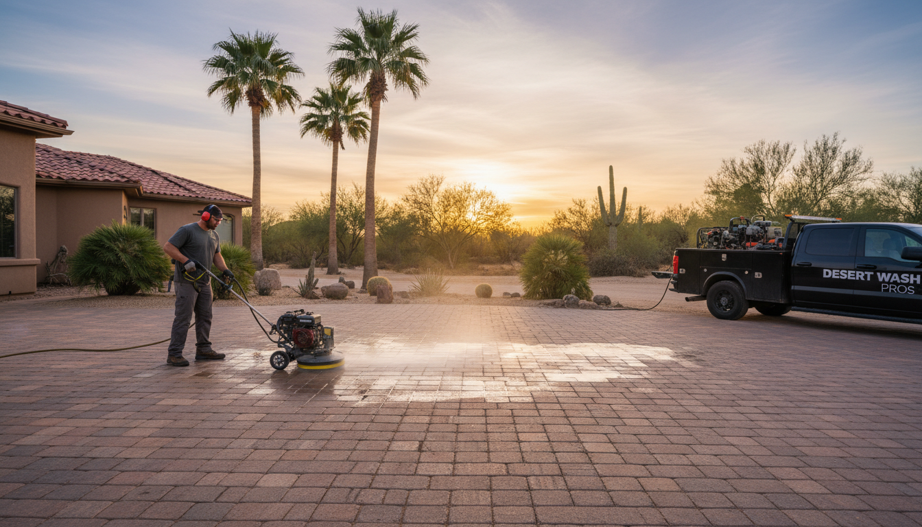 Properly managed irrigation prevents water from pooling near your hardscape foundations. A professional contractor inspecting a paver patio area near palm trees and desert irrigation zones.