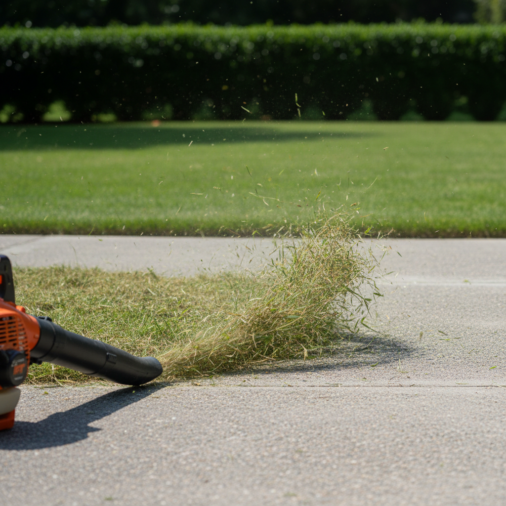 Professionalism is found in the details, like ensuring your driveway is clear of debris before leaving. A leaf blower clearing grass clippings from a concrete driveway next to a neatly edged lawn.