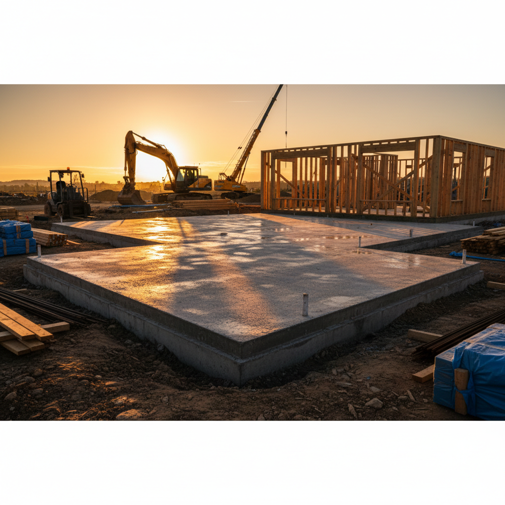 Foundation and framing represent a significant portion of the square foot cost for build-out additions. Residential construction site in Utah featuring a fresh concrete foundation and wooden framing at golden hour.