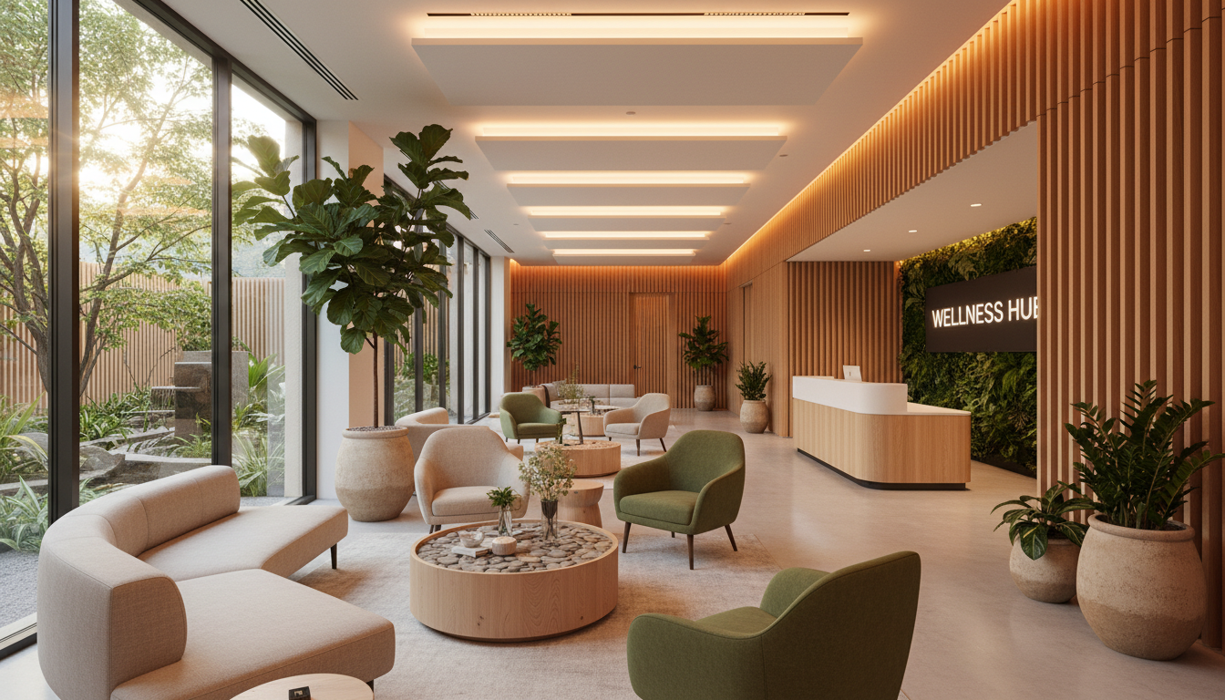 Ambientes que privilegiam o conforto e a luz natural são fundamentais para o envelhecimento ativo. Interior de uma instalação de saúde moderna com iluminação quente e elementos naturais decorativos.